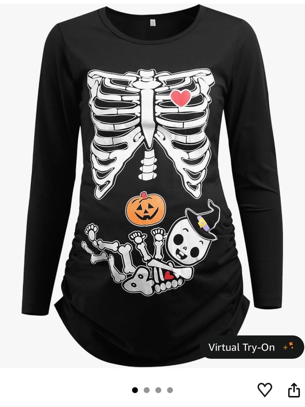 Black Halloween Skeleton Maternity Top with Pumpkin & Heart